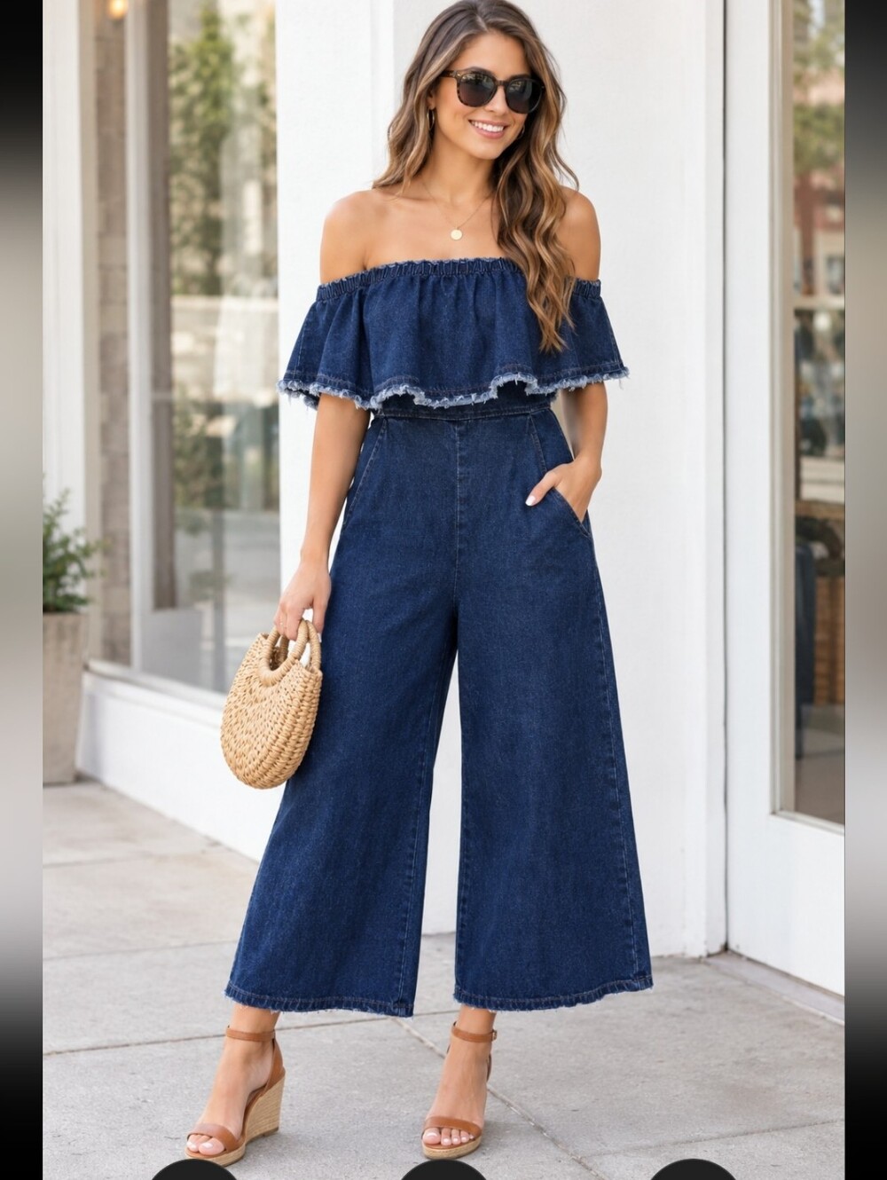 Anthropologie Hei Hei Tiered Strapless Denim Jumpsuit Wide Leg